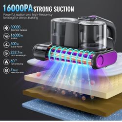 Mattress Vacuum Bed Vacuum Cleaner with UV 16Kpa Suction HEPA Filter 253.7nm UV-C Light & 30000 Rpm/Min Brushroll Rotation & Heating & Ultrasonic Quin