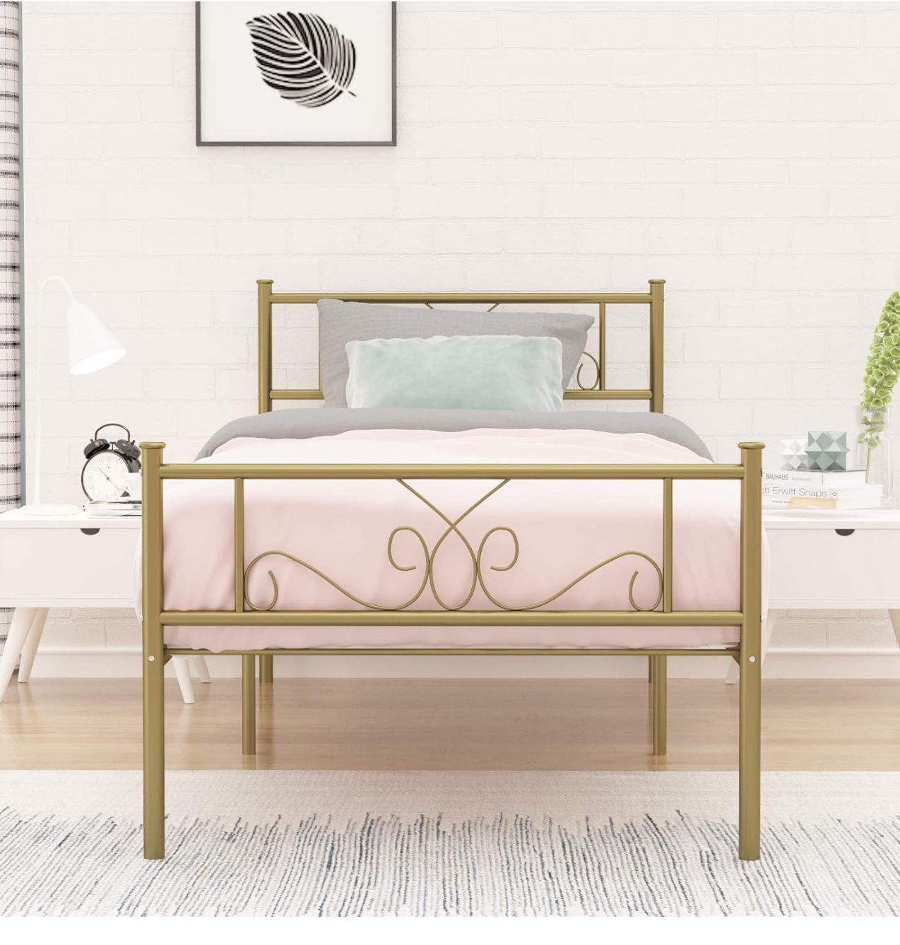 Simlife Twin Bed Frame with Headboard and Footboard Metal Platform Bed Frame Under Bed Storage Mattress Foundation No Box Spring Need Gold