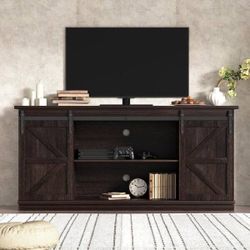 New TV Stand for 65 inch TV, Entertainment Center with Storage Cabinets and Sliding Barn Doors, Mid-Century Modern Console Table for Living Room and B