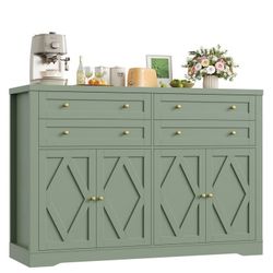 55" Wide Coffee Bar with 2 Adjustable Shelves, Modern Farmhouse Sideboard Buffet with 4 Drawers for Living Room, Green