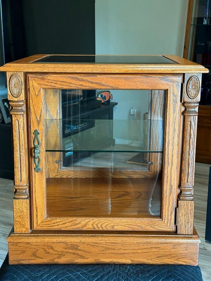 Vintage A.A. Laun Oak Galss Display Side Table w/Shelf - Rare
