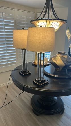 2 Modern Black Table Lamps/ Clear Glass/ Linen Shade
