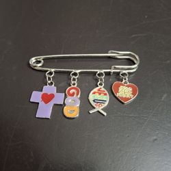 Christian Charm Safety Pin Broock With Heart Cross, God, Ichthus Fish & Sacred Heart - "Jesus In My Heart: