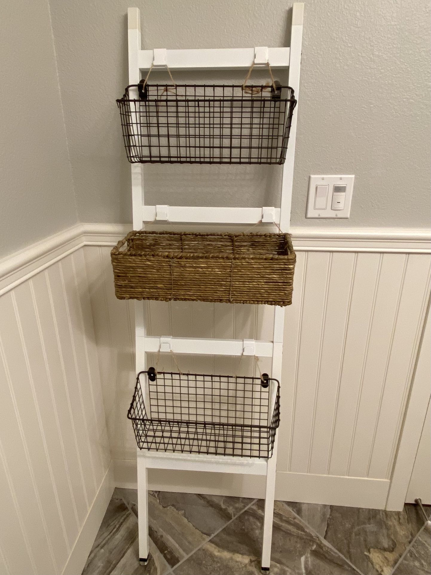 Threshold Collapsible 4-Tier Storage Ladder, White, with Hooks & Baskets