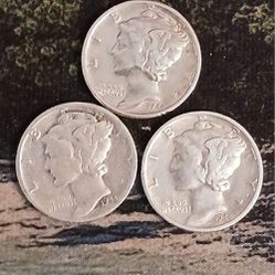 90% Silver Mercury Dimes 1944 P, D &S 