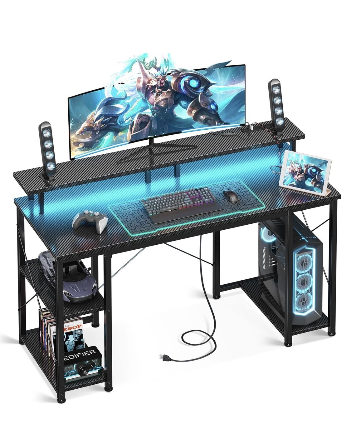48 inch Computer Desk with Power Outlets & LED Lights, Gaming Desk with Monitor Stand & Storage Shelves, Home Office Desk