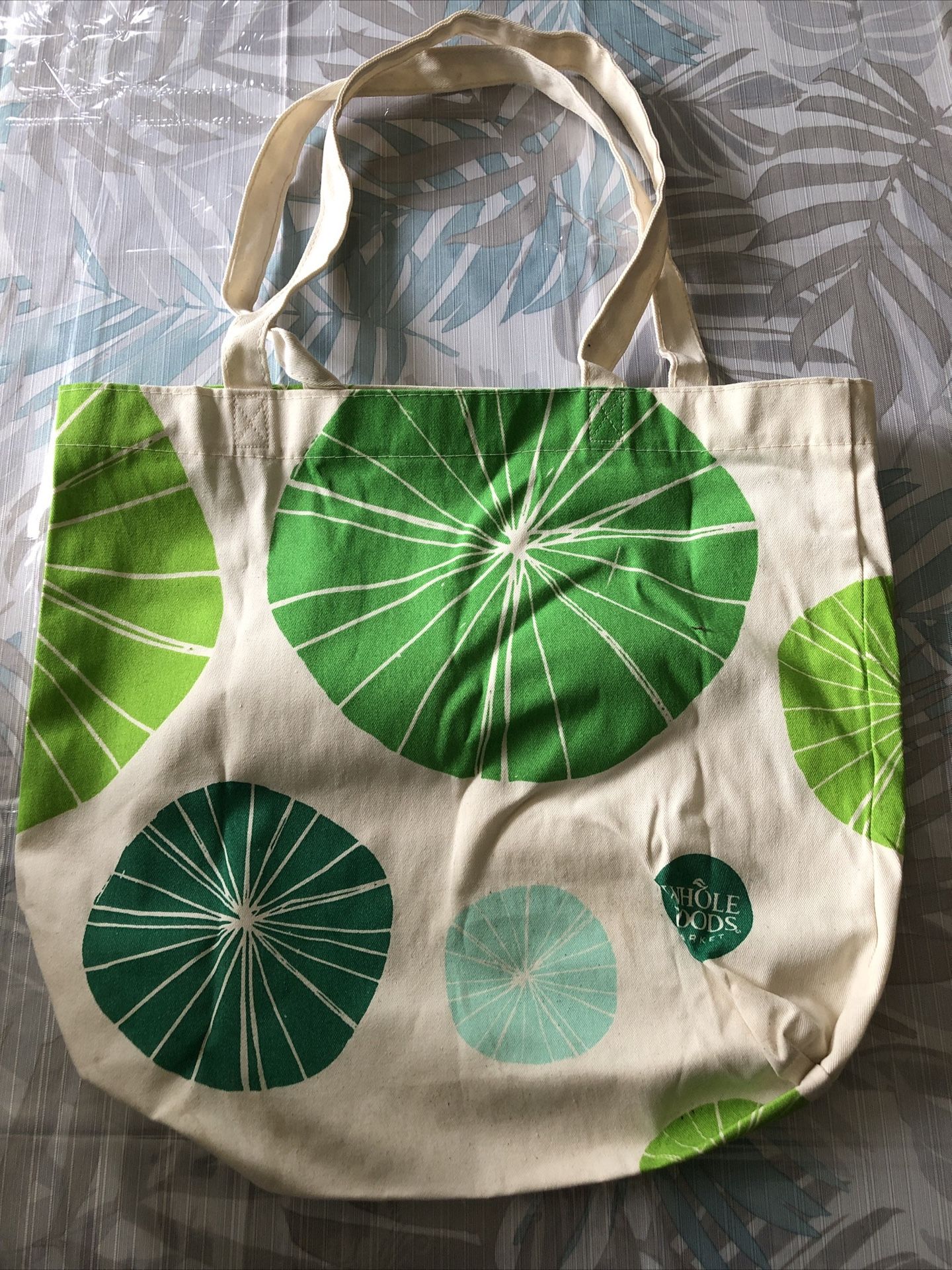 Whole Foods White Canvas Bag With Green Design - 17” X 15”