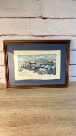 Anita Jones Stanton Etching Winter Harbor Nautical Boat Art Signed
