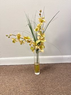 Faux Orchid Floral Arrangement in Glass Vase