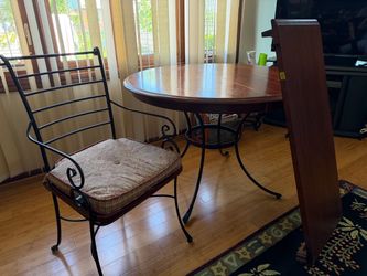 Round Wood Top Dining Table with Wrought Iron Base