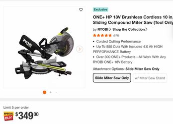 Ryobi ONE+ HP 18V 10in Sliding Compound Miter Saw 10in