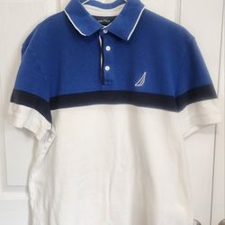 Vintage Nautica Short Sleeve Polo Shirt Color Block Blue White Mens SZ L