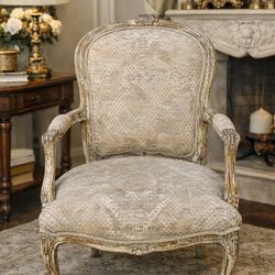 Vintage French Louis XV Style Bergere Armchair Distressed Wood Upholstered Accent Chair