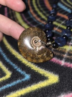 Lapis & Black Rainbow Obsidian w/Ammonite Fossil Pendant