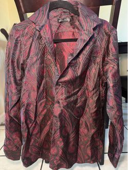 Barry Wang Red Black Paisley Jacquard Satin Dress Shirt.