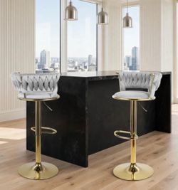 Gray Velvet Tufted Bar Stools with Gold Base – Set of 2