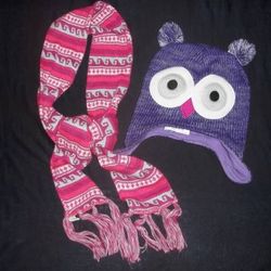 NWT CHILDREN'S PLACE PURPLE OWL Girls WINTER HAT AND SCARF- Youth L/XL -
