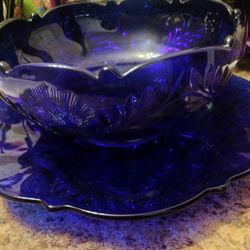 Cobalt Blue Glass Bowl And Plate Set