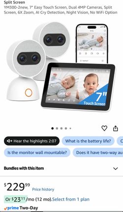 YM300-2new, 7" Easy Touch Screen, Dual 4MP Cameras, Split Screen, 6X Zoom, Al Cry Detection, Night Vision, No WiFi Option