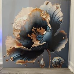 Deep Blue And Gold Single Flower Metal Art