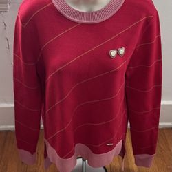 Ted Baker Women’s Red Striped Gold Heart Brooch Pink Hem Hi Low Sweater, size 2 or U.S. S