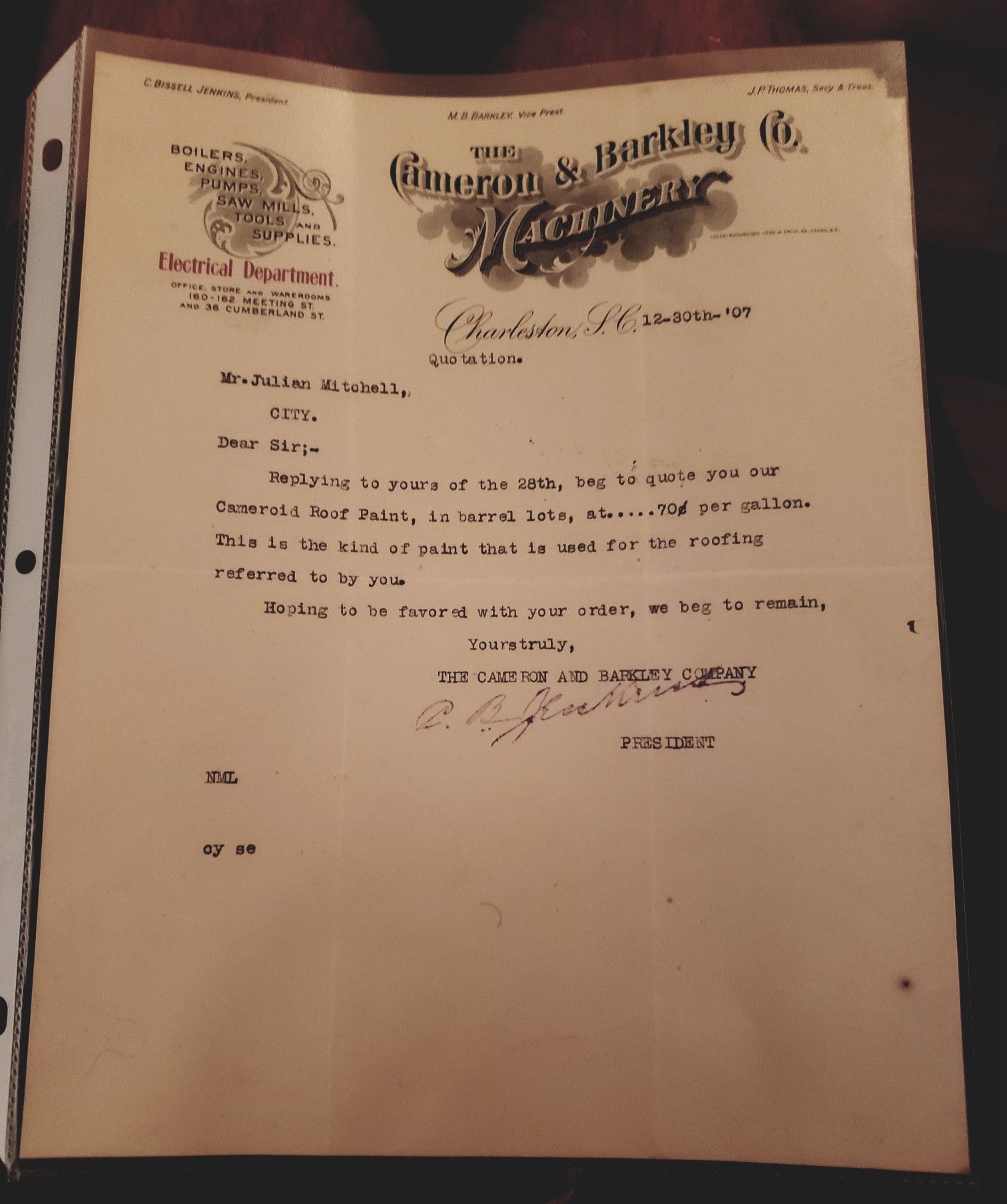1907 Charleston Machinery Letterhead Paint Quote