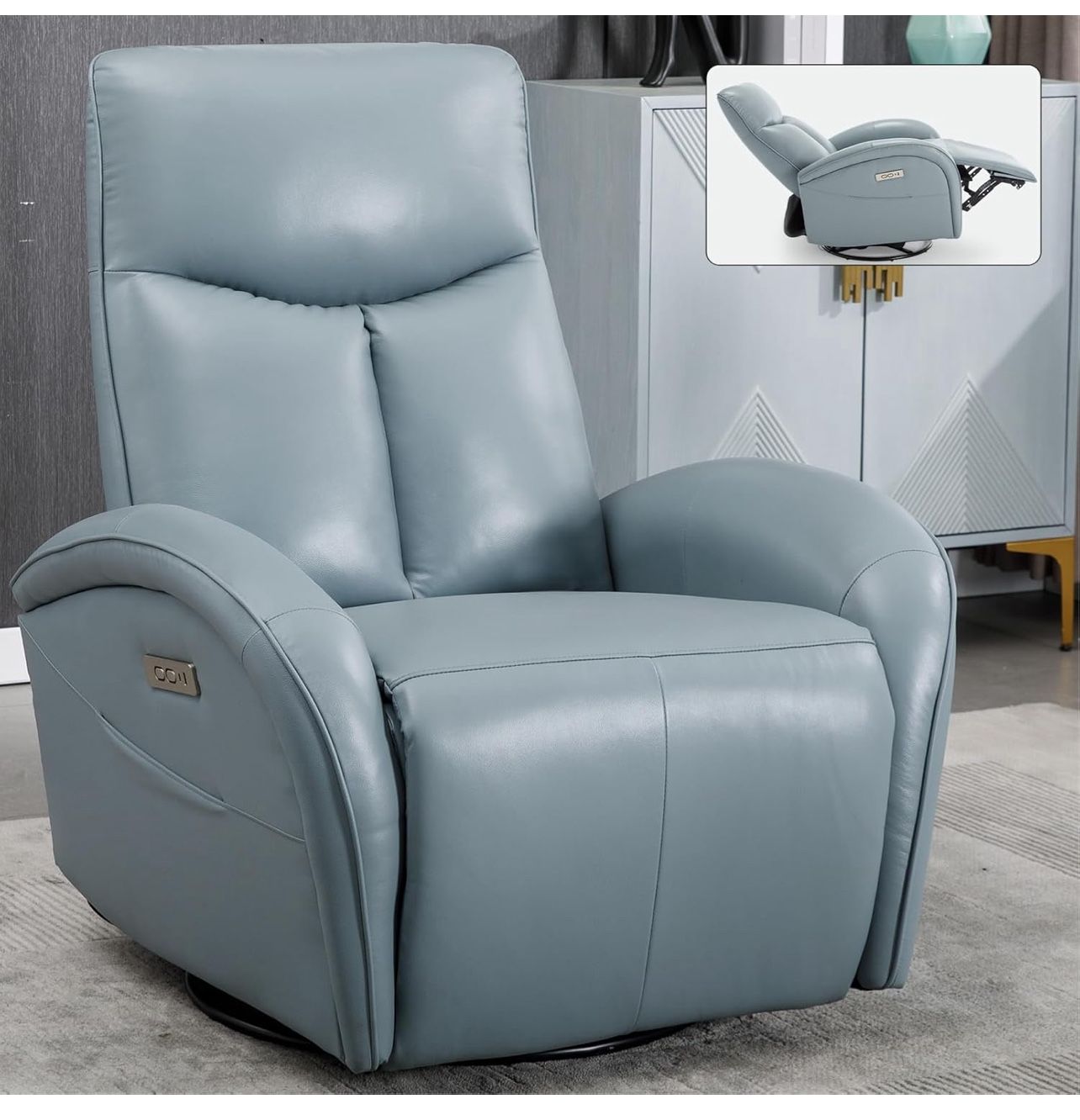 Blue Genuine Leather Swivel and Rocker Power Recliner Chair with Lumbar Support, Max Swivel Degree 270°