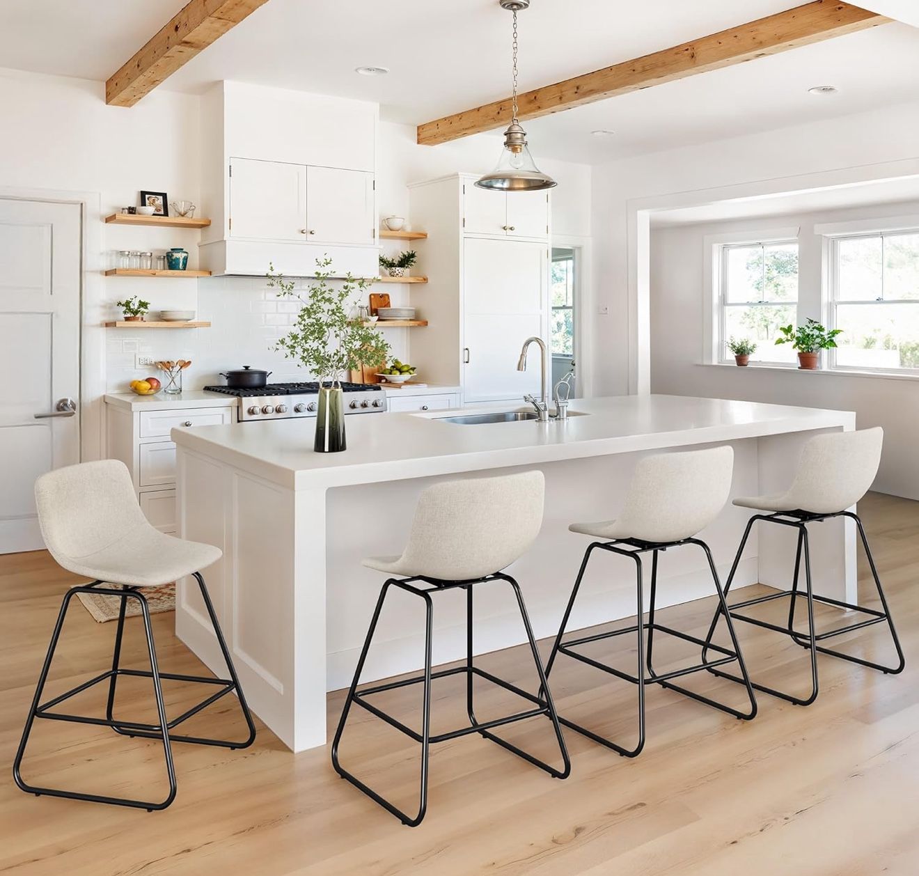 LUE BONA Swivel Bar Stools Set of 4, 25in Linen Fabric Counter Height Bar stools, Mid Century Modern Bar Stools with Metal Legs & Footrest, for Kitche