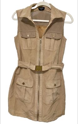 Bebe Top Faux Suede Tunic Belted Sleeveless Long Vest Top, Zip Up, Beige, Size Small
