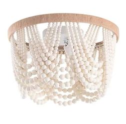 Aiwen 12.6 in. 3-Light Antique Rustic White Flush Mount Bohemia Wood Beaded Ceiling Light Mini Chandelier