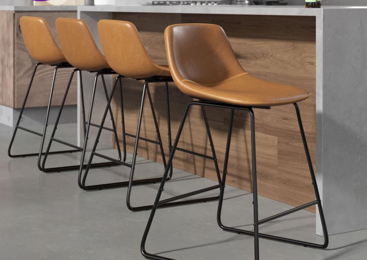 Whiskey Brown Leather High Top Barstools