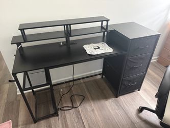 Black Computer Desk with Monitor Shelf and chair