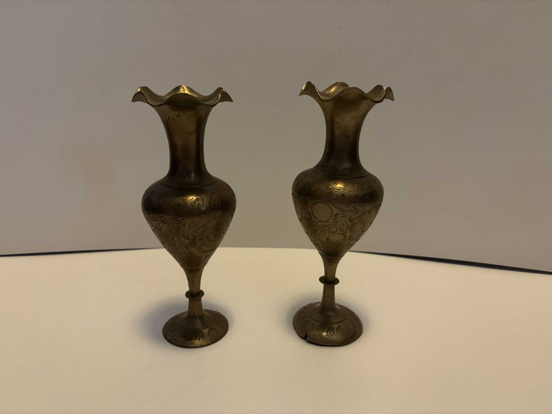 Pair of Vintage Etched Brass Vases