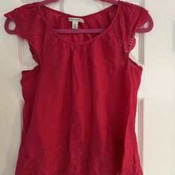 Banana Republic Top Blouse 100% Cotton Eyelet Trim Cap Sleeve Hot Pink petite S 