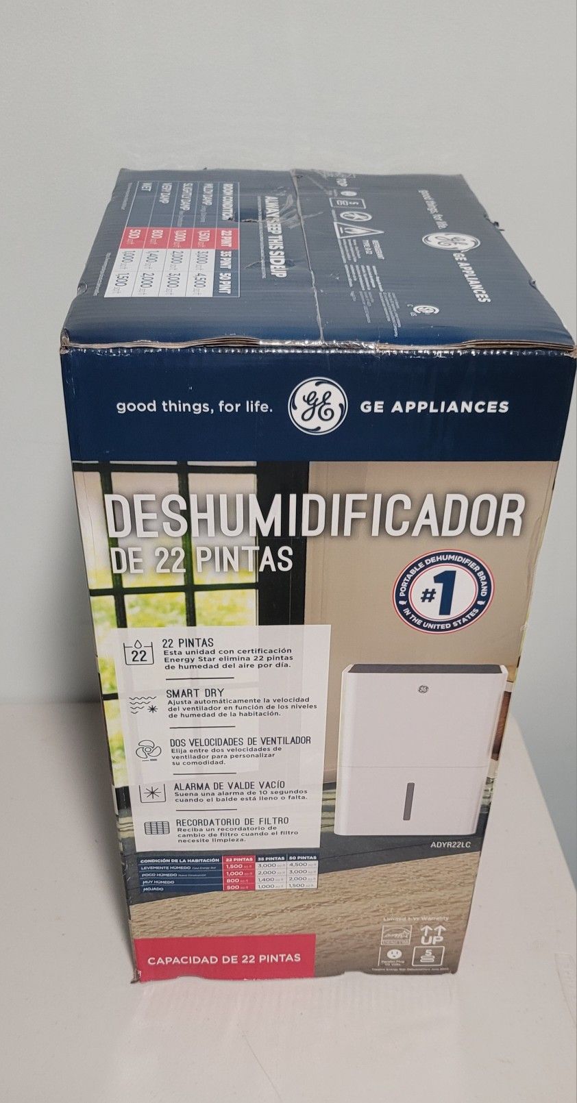 GE - 22-Pint Energy Star Portable Dehumidifier with Smart Dry for Damp Spaces - White
