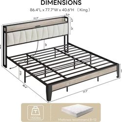 🥨King Size LIKIMIO Bed Frames, Bouclé Storage Headboard with Charging Station, Solid and Stable, Noise Free, No Box Spring Needed, Easy Assembly