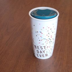 Starbucks Best Day Ever Ceramic Tumbler 10oz Confetti Travel Coffee Mug 
Lid 2015.      Very good shape.  It is 6" tall, weight 1lb 4oz (plus 
shippin