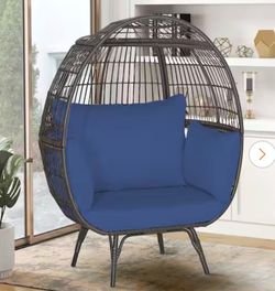 Patio Oversized Rattan Wicker Egg Chair Outdoor Lounge Chair with Navy Cushions Indoor and Outdoor HW70715NY-22AA s1