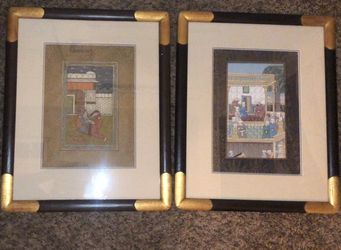 Two Beautiful and Unique Indo-Persian ink on silk paintings with custom made wood art frame. 