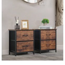Fencer Wire Set of 2 Rustic Oak Drawer Storage Tower w/ 2 Fabric Bins, Nightstand 2 Drawers, Sorting Unit, Chest of Drawers, Organizer Unit for Multi-