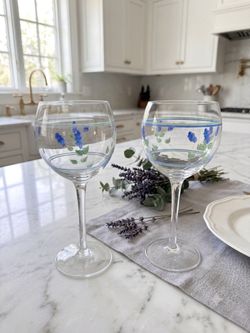 Blue Floral Wine Glasses Hand-Painted Stemmed Pair