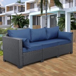  3-Seat Outdoor Rattan Sofa Patio Couch Black PE Wicker Loveseat Seating Furniture 