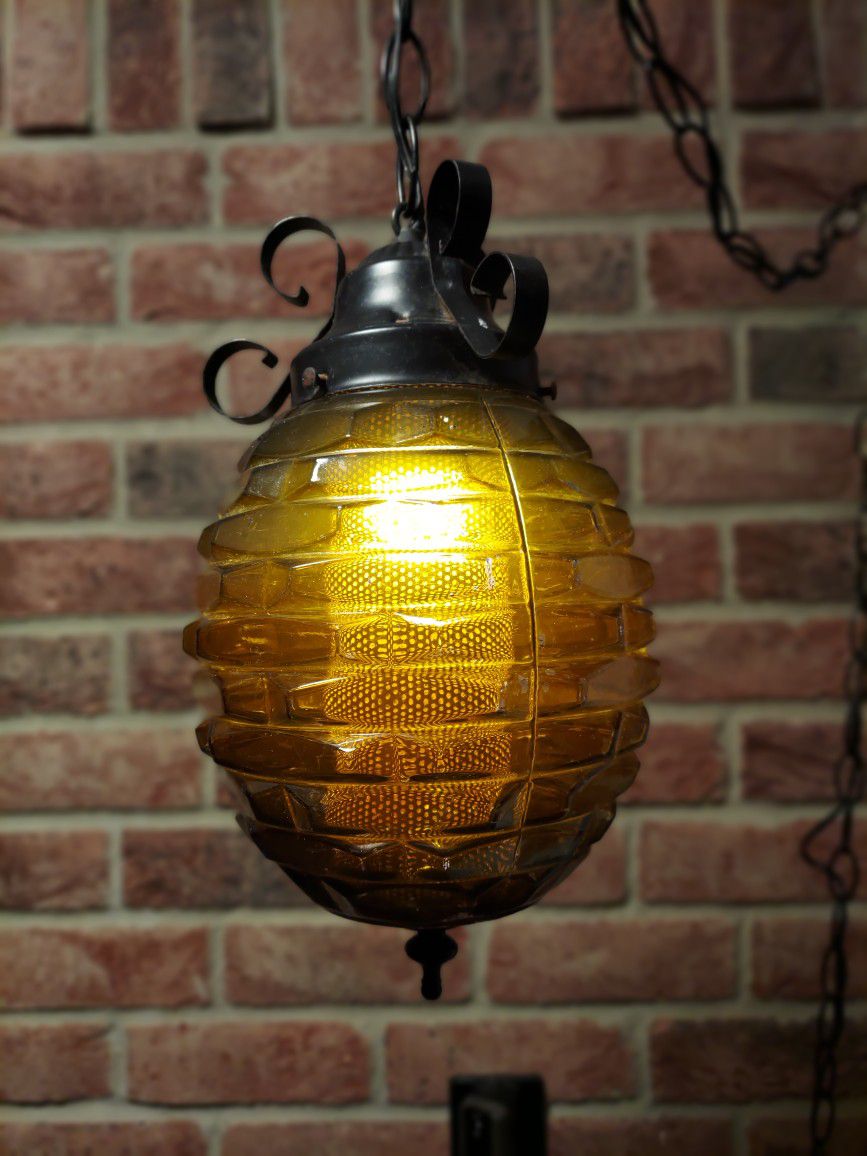 Mid Century Vintage Amber Glass Swag Lamp