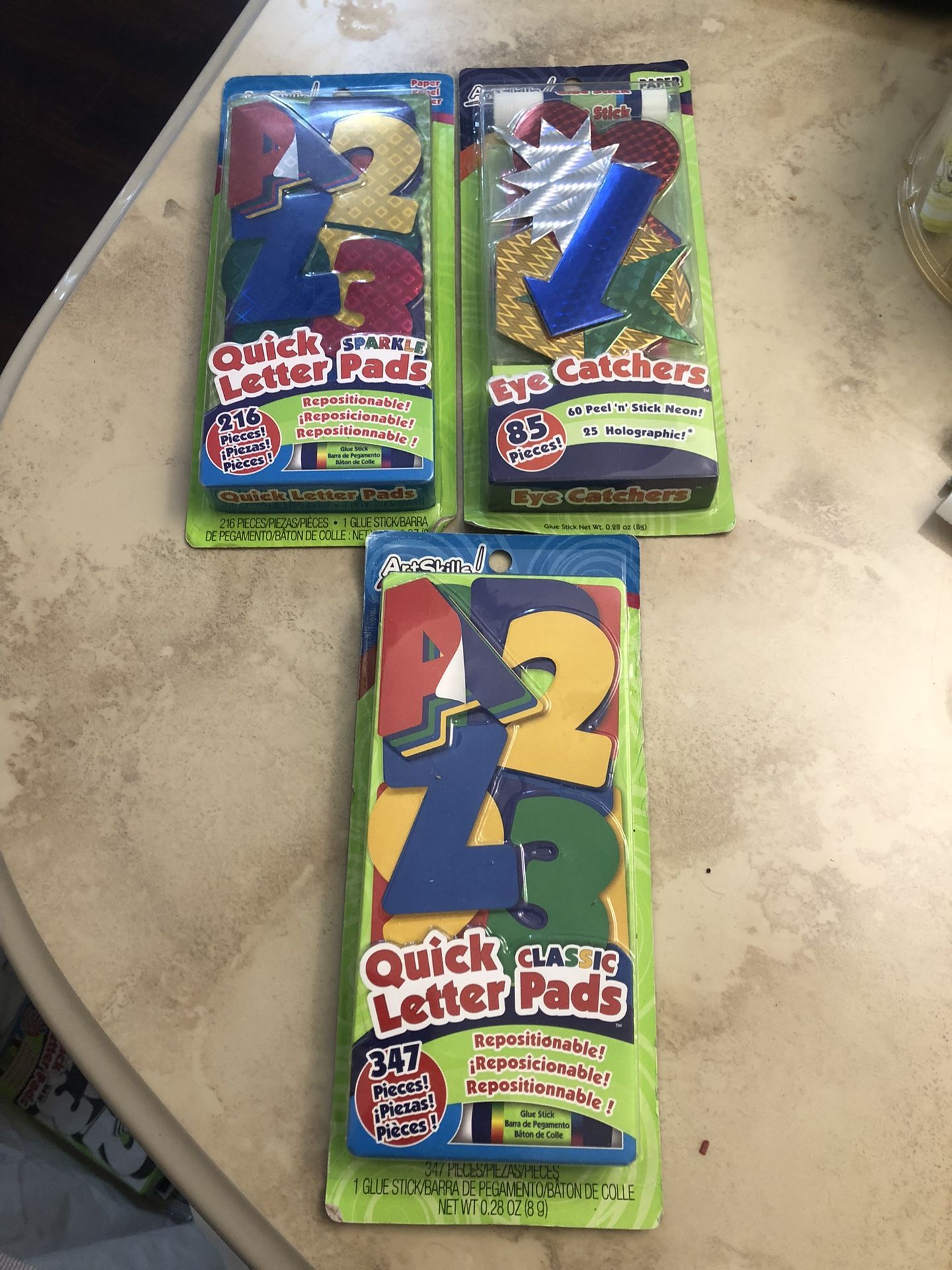 3 Pks Of Art Skills Letters, Numbers And Eye Catchers