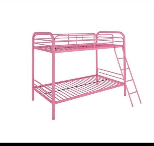 Twin over Twin Metal Bunk Bed with Secured Ladder, Pink, New in box