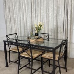 IKEA Glass & Iron Dining Table With 4 Rattan Seat Chairs SLEEK & MODERN