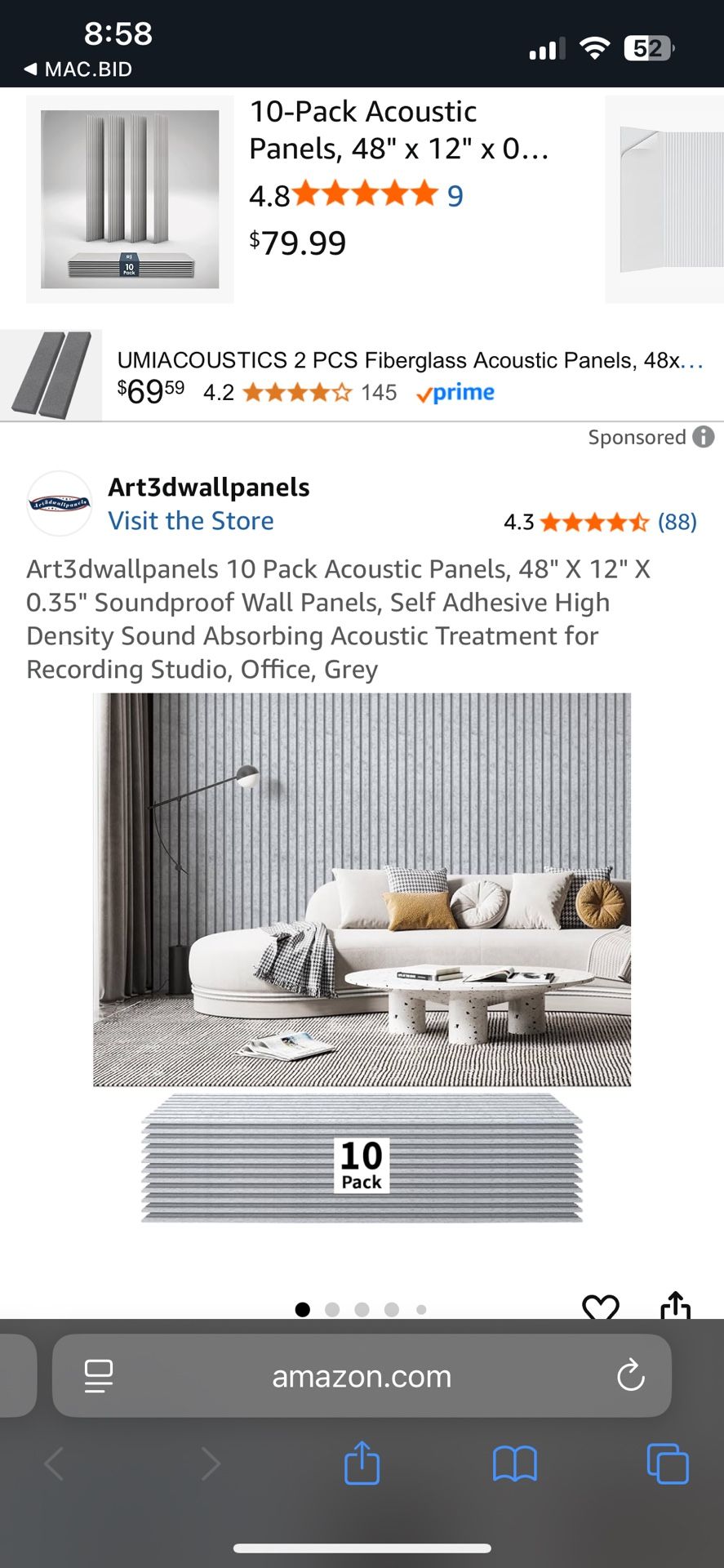 Art3dwallpanels 10 Pack Acoustic Panels 48”x12”