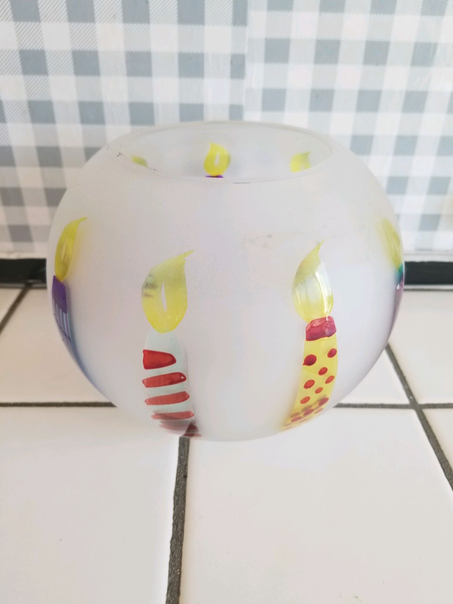 Cute glass birthday vase. 5" tall x 3" wide at hole on top.