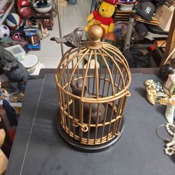 "Cat In A Bird Cage" Cast Iron Sculpture, Featuring Bronze Cat Staring Up At The Bird Outside Of The Cage-Whimsical Decorative Collectible