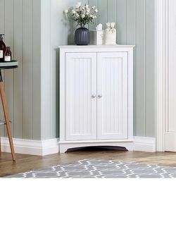 Spirich Floor Corner Cabinet with Two Doors and Shelves, Free-Standing Corner Storage Cabinets for Bathroom, Kitchen, Living Room, White